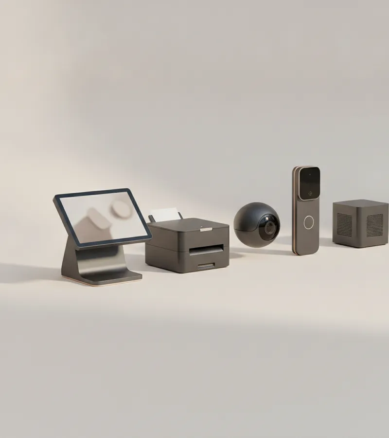Northline hardware lineup: printer, register, camera, lock, and server on a clean studio backdrop