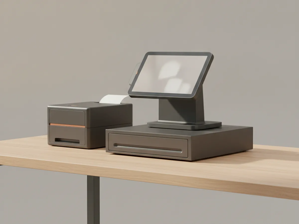A complete Northline checkout counter: touchscreen register, receipt printer, and cash drawer on a clean counter