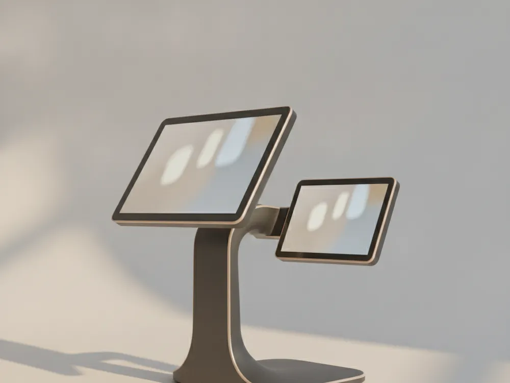 Counter Duo: Dual screens: staff on one side, customers on the other.