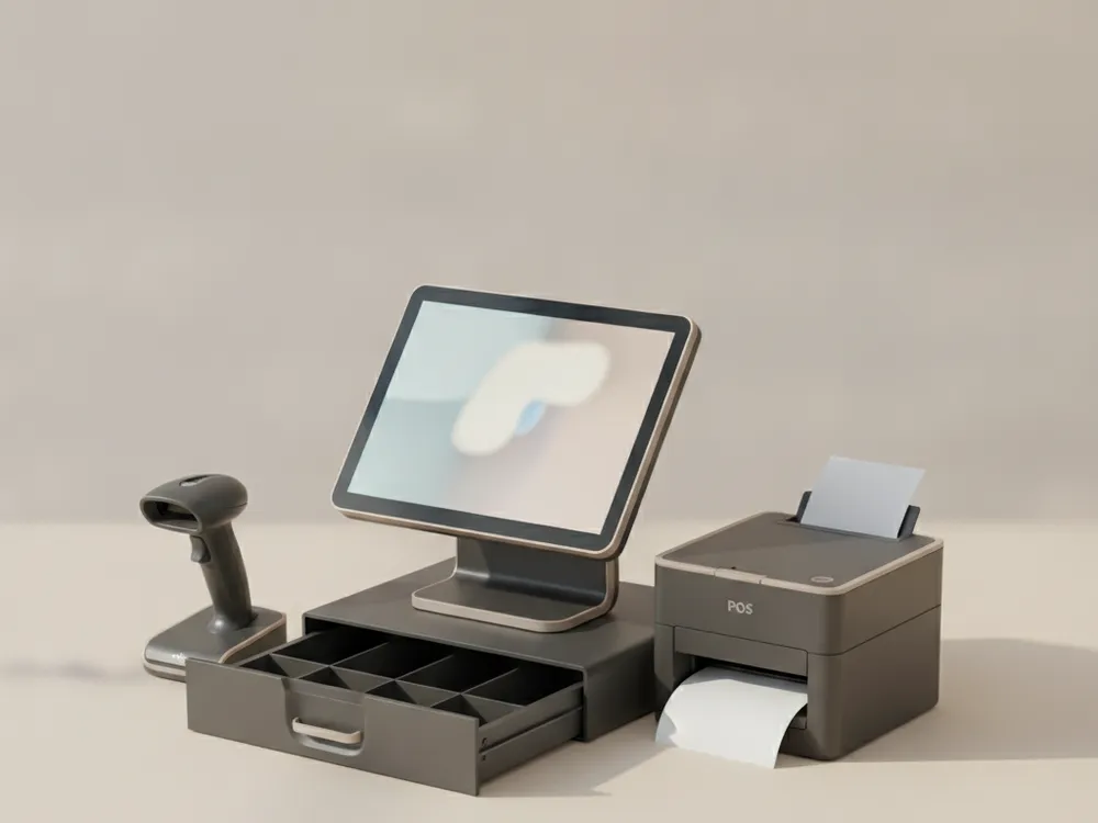Counter One: A complete register: terminal, drawer, printer, scanner.
